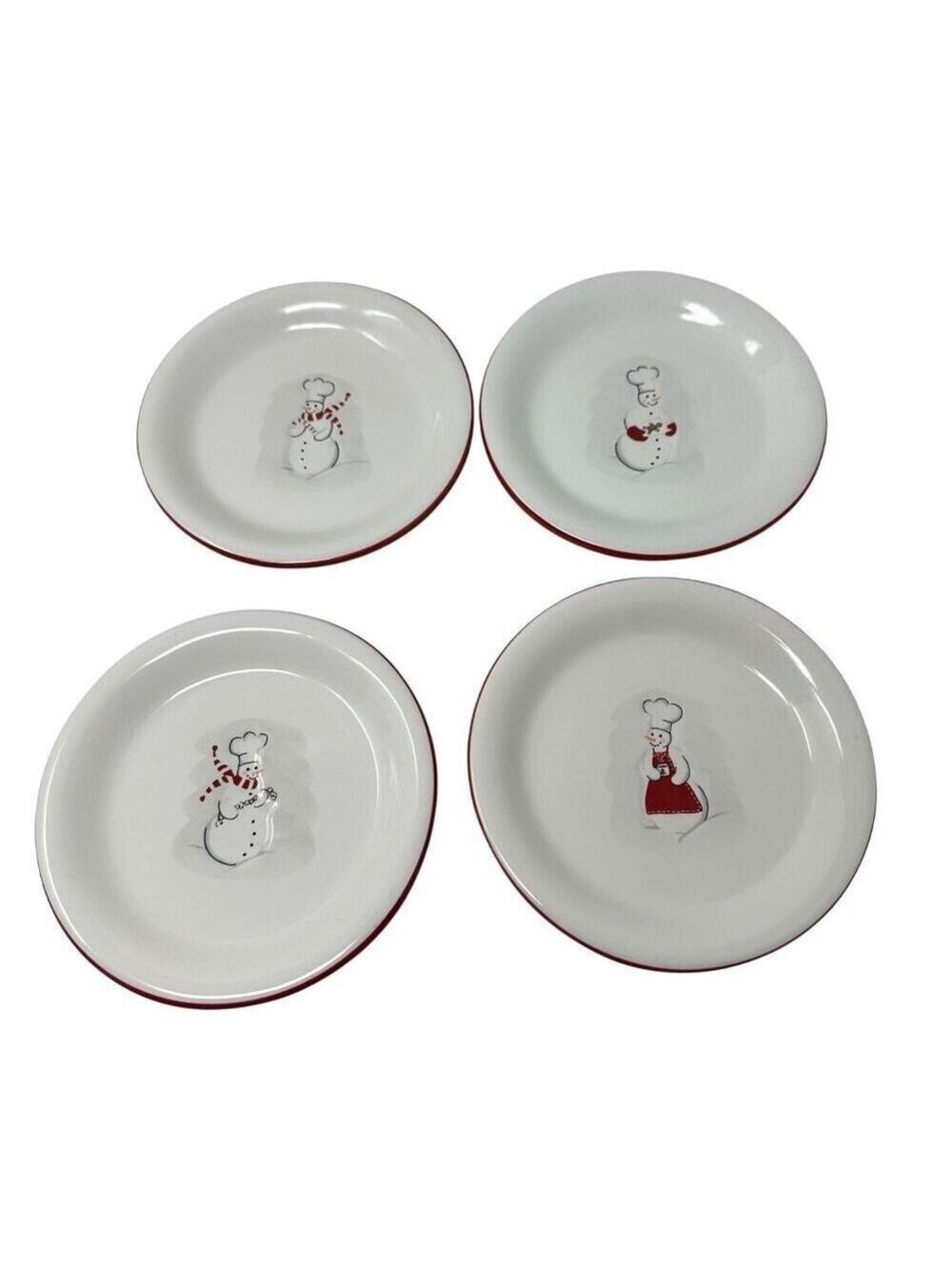 Williams Sonoma Outlet Snowman Chef Plates 6in Red Rim Winter Appetizer Set